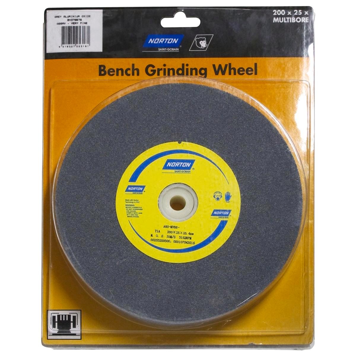 Norton Bench Grinding Wheel 200mm x 25mm Aluminium Oxide Long Lasting