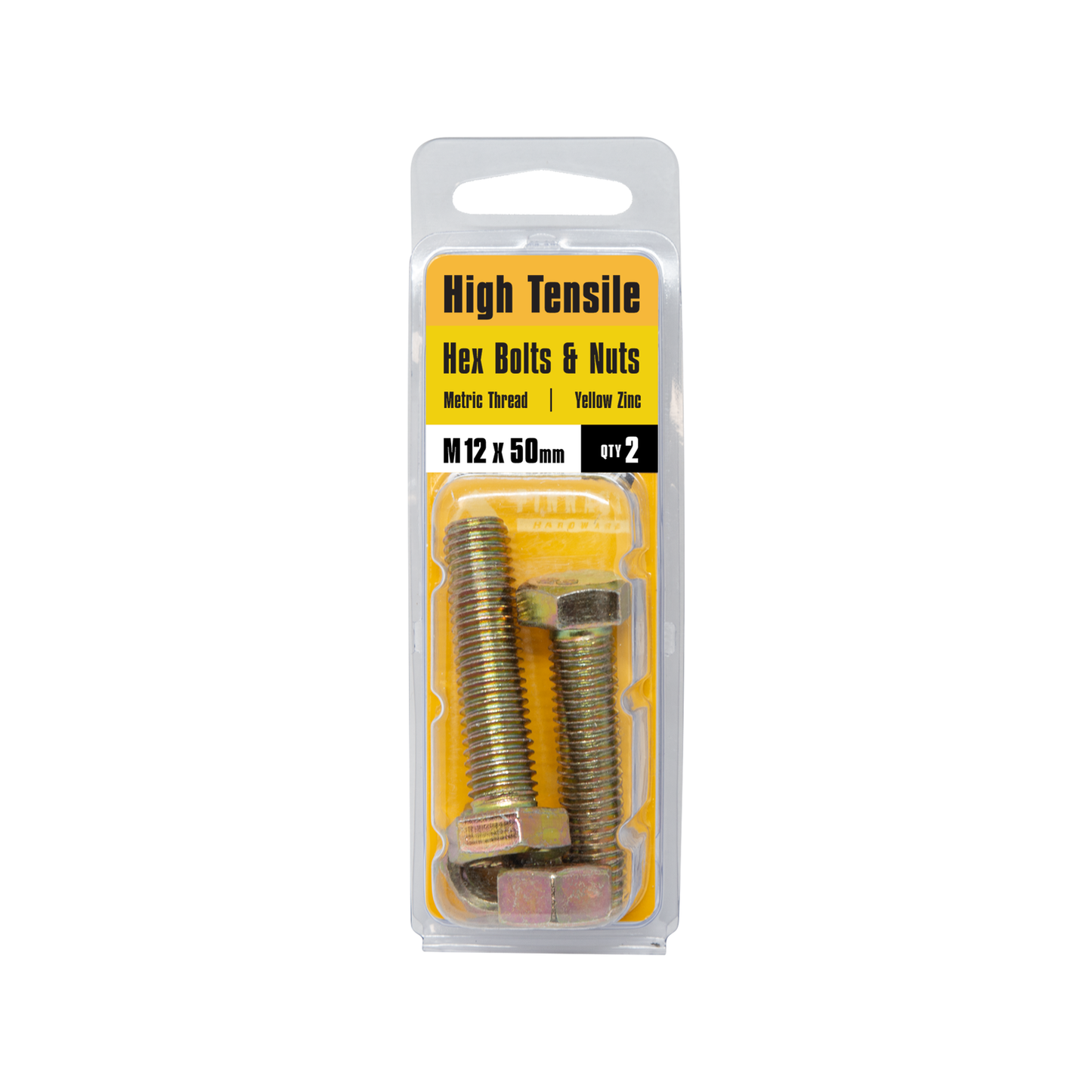 Pinnacle Hex Bolt and Nut - M12 x 50mm - Yellow - 2 Pack