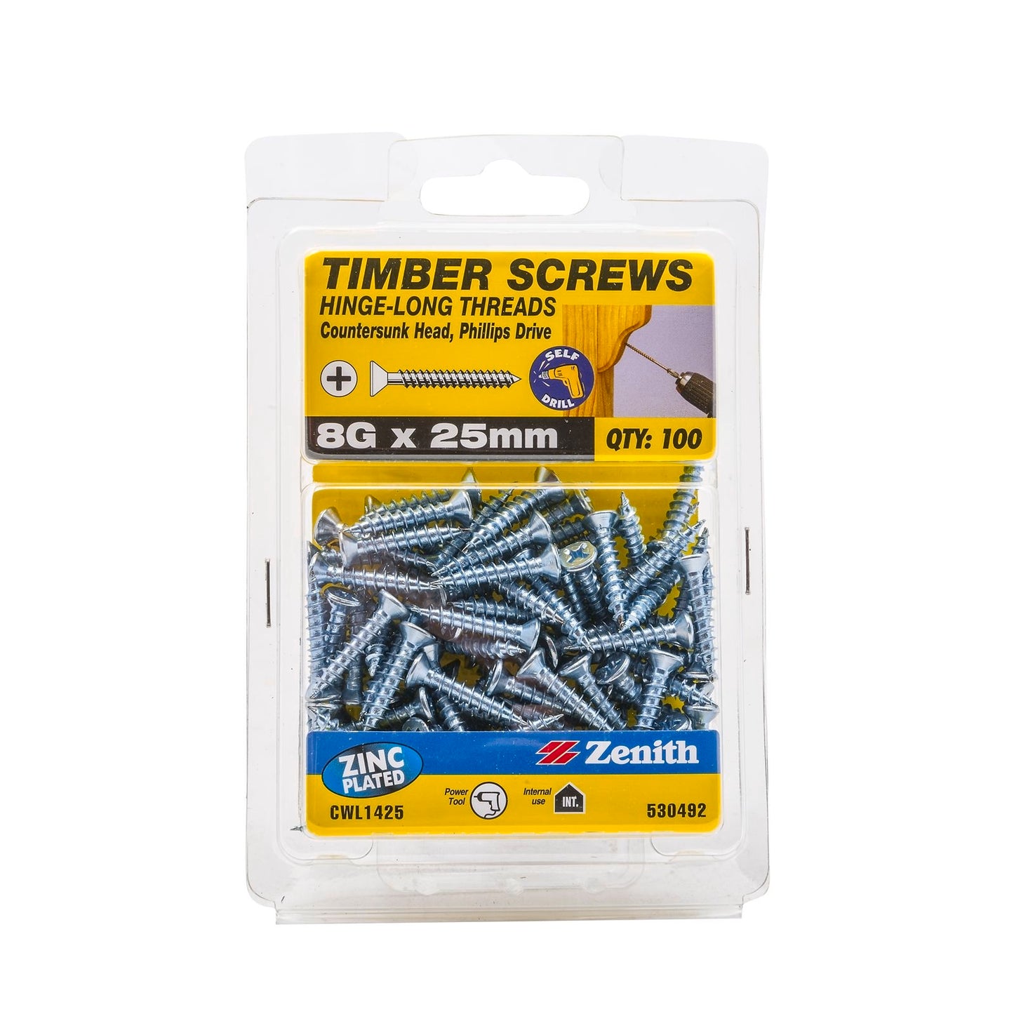 Zenith Hinge Long Thread Screws - 8g x 25mm - Zinc - 100 Pack