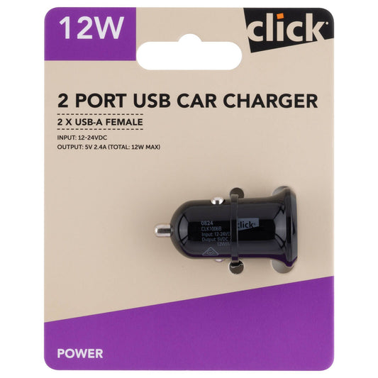 Click 12W 2 Port USB Car Charger - 2 x USB-A Female, Black