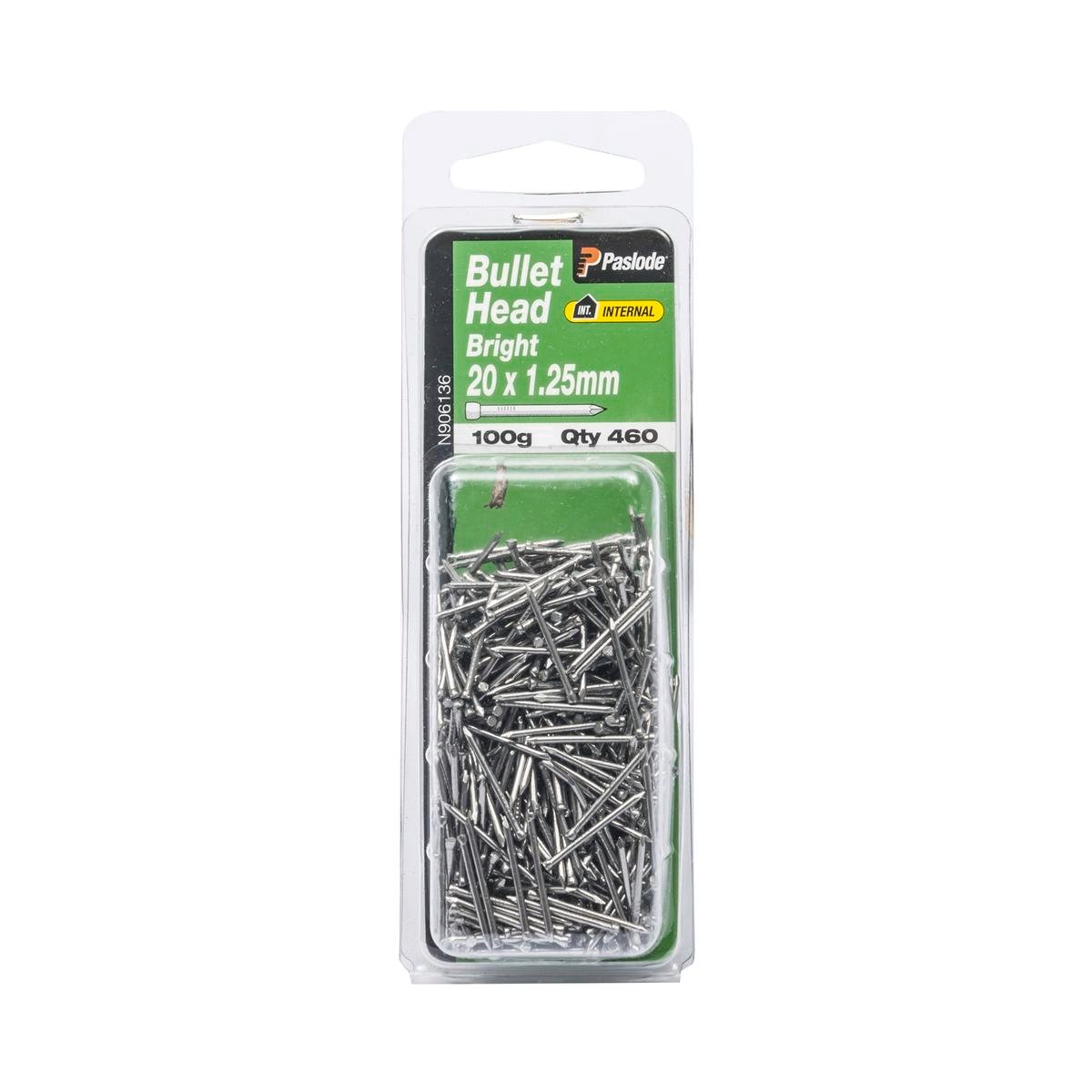 Paslode Bright Bullet Head Nails 20 x 1.25mm 460 Pack Silver Steel