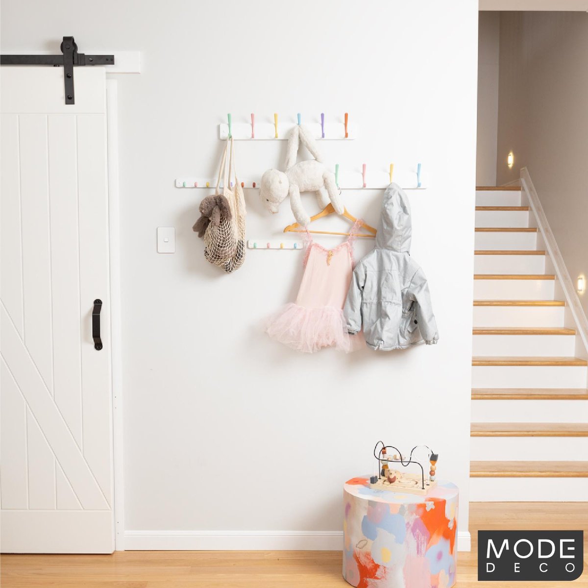 Mode Key Rack - 4 Pastel Hooks - White Board - Durable - Easy Install