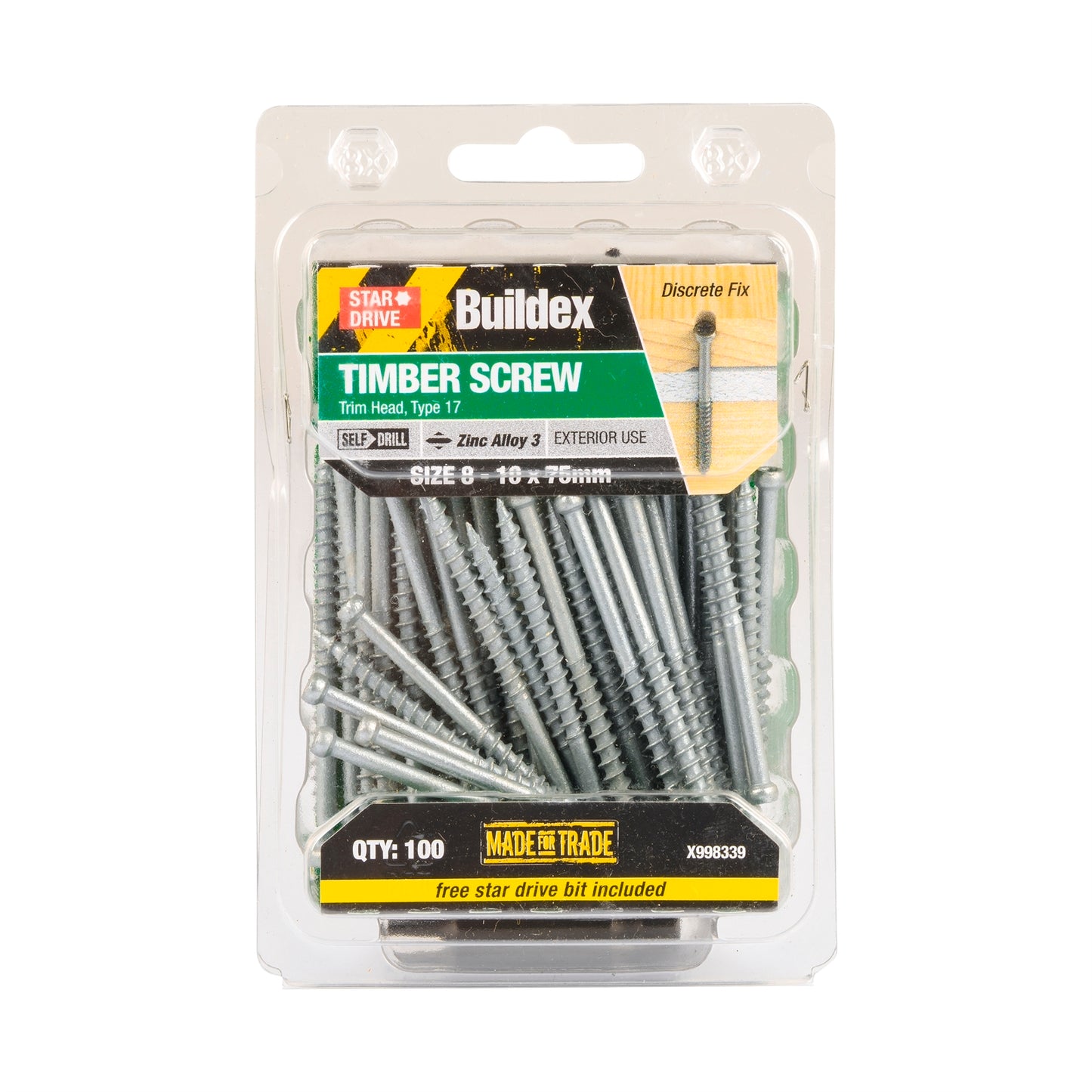 Buildex Trim Head Timber Screw - 8 10 x 75mm - 100 Pack