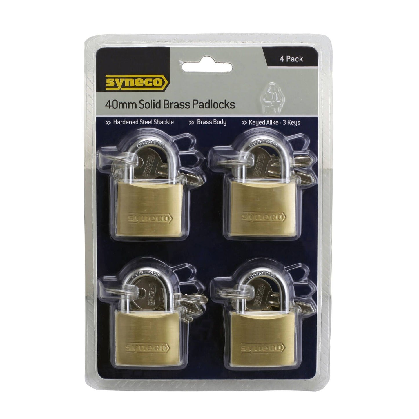 Syneco Brass Padlocks - 40mm - 4 Pack