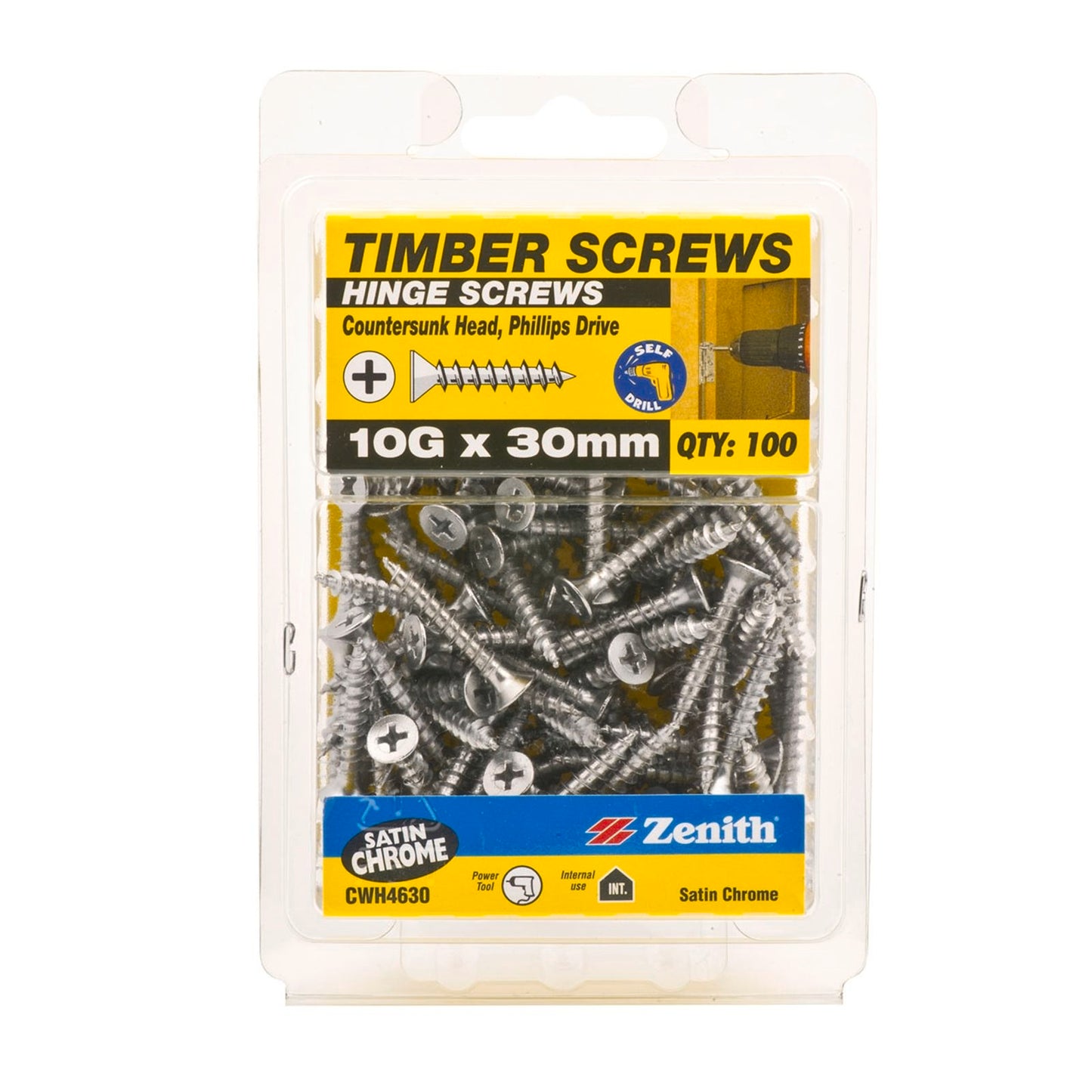 Zenith Timber Screws - 10g x 30mm - Satin Chrome - 100 Pack