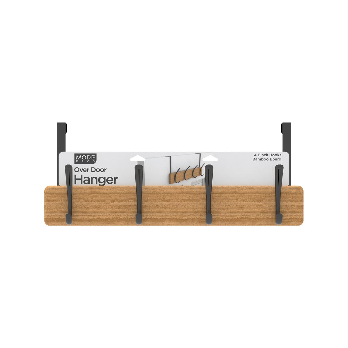 Mode 4 Bamboo Over Door Hanger - 5 Black Hooks - 450mm x 70mm x 45mm
