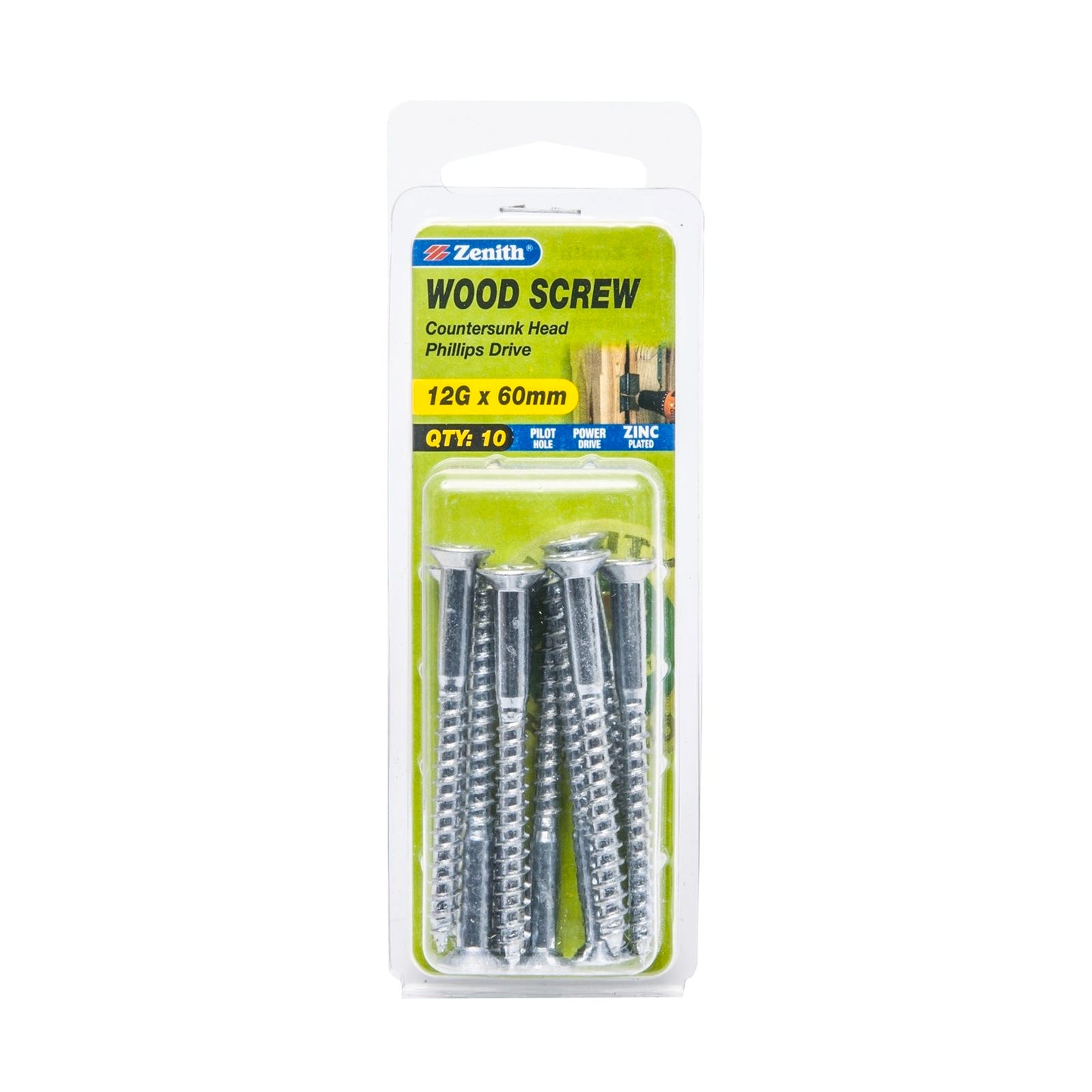 Zenith Wood Screws - 12g x 60mm - Zinc - 10 Pack