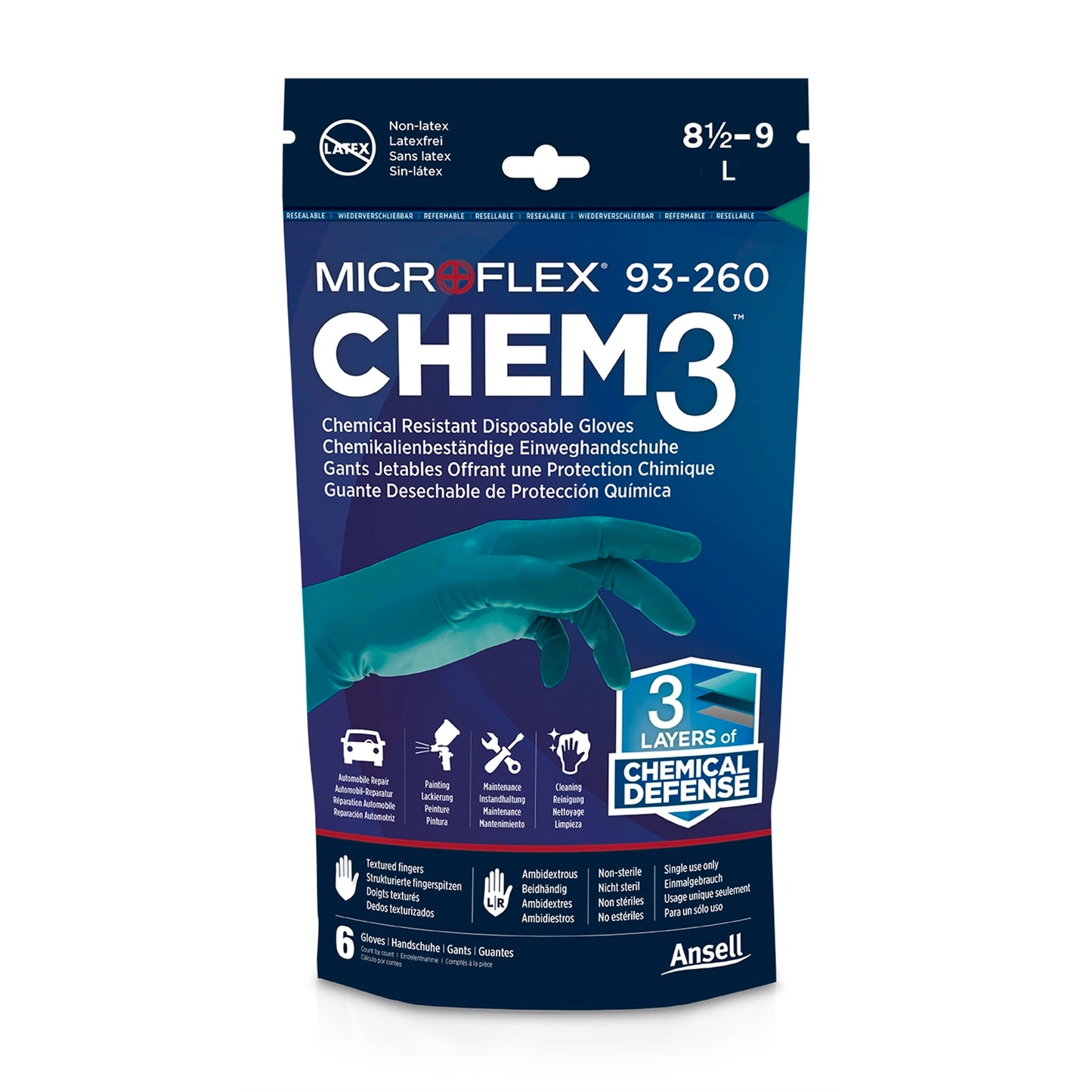 Ansell Microflex Chem3 Chemical Resistant Gloves - Large - 3 Pairs