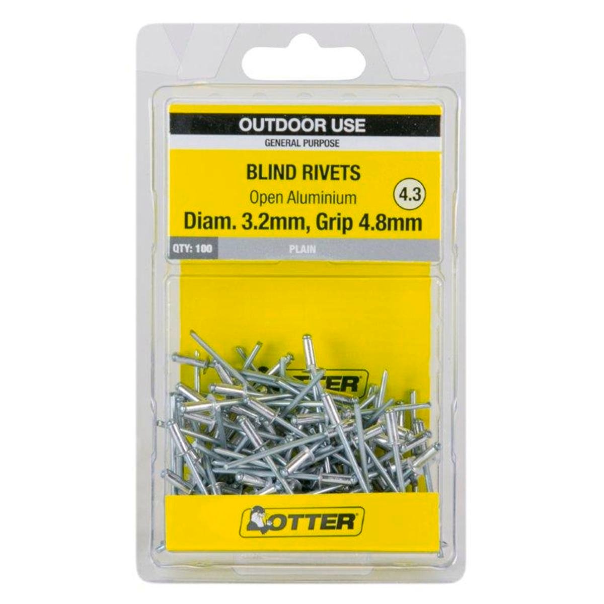 Otter Open Aluminium Blind Rivets 2 x 4 8mm 100 Pack Lightweight Durable