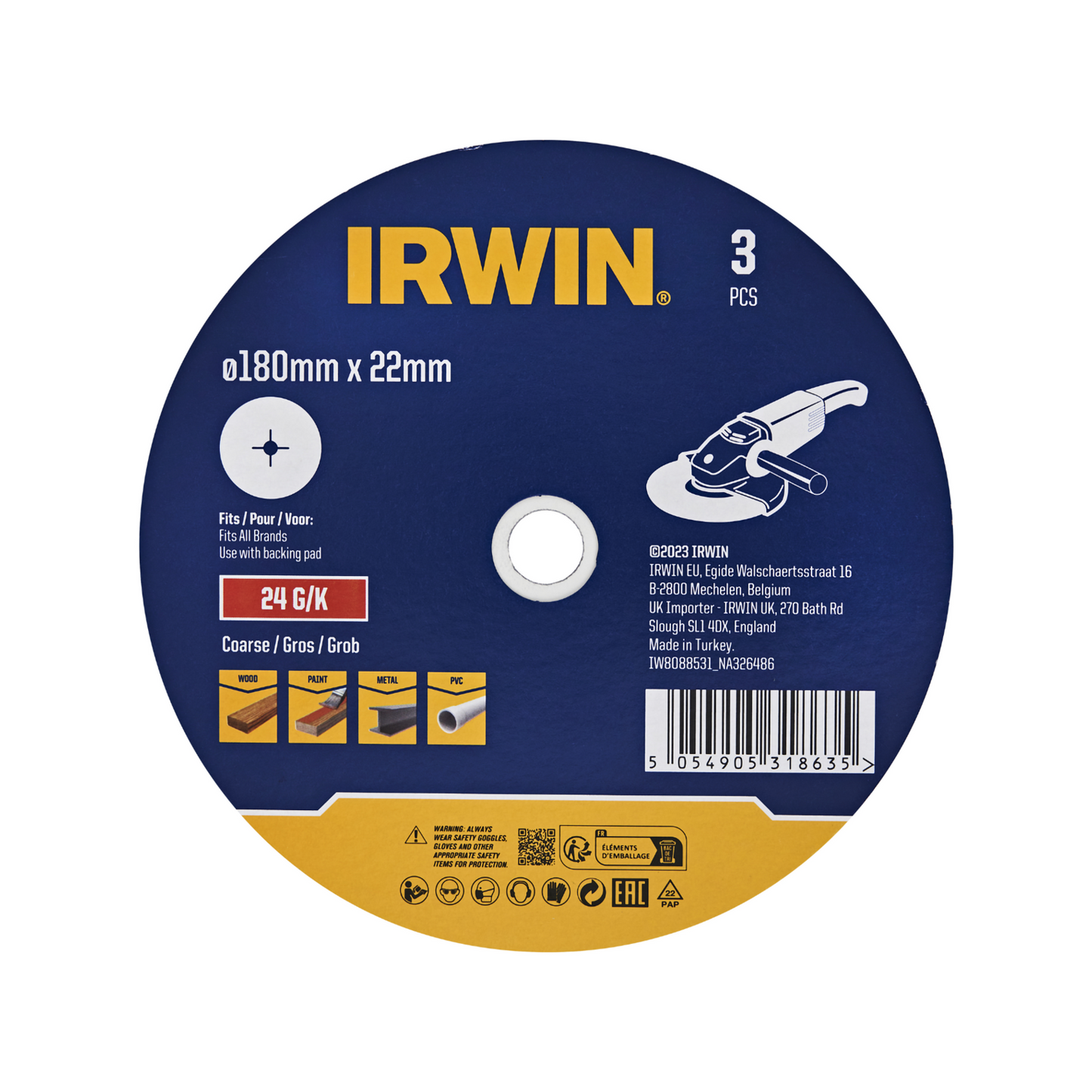 Irwin Fibre Disc - 180 x 22mm - 24 Grit - 3 Pack