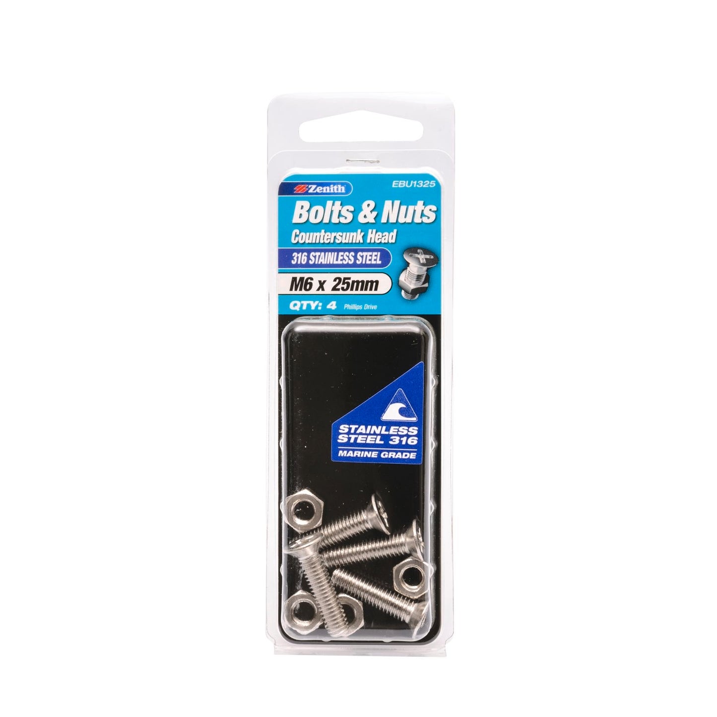 Zenith Countersunk Head Bolt - M6 x 25mm - Stainless Steel - 4 Pack