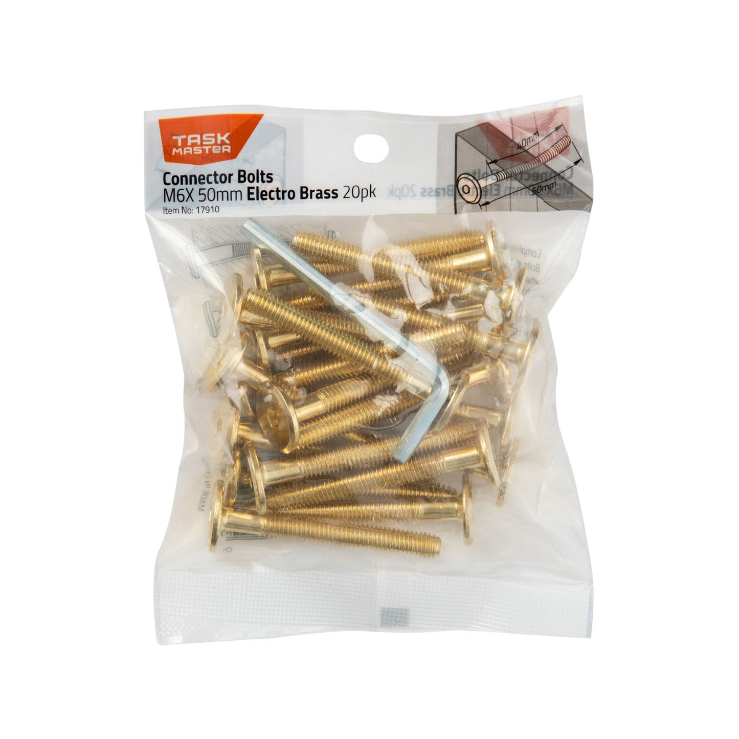 Taskmaster Electro Brass Connector Bolts - M6 x 50mm - 20 Pack
