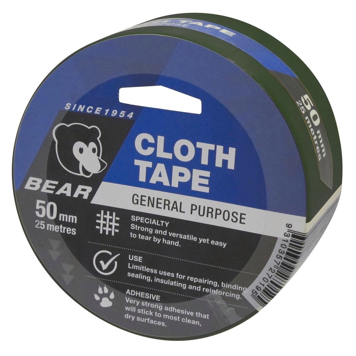 Norton Bear Green Cloth Tape - 50mm x 25m - Hand Tearable - Strong Adhesive