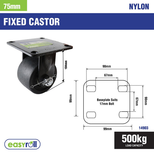 Easyroll 75mm Black Fixed Machine Castor Nylon 500kg Load Capacity