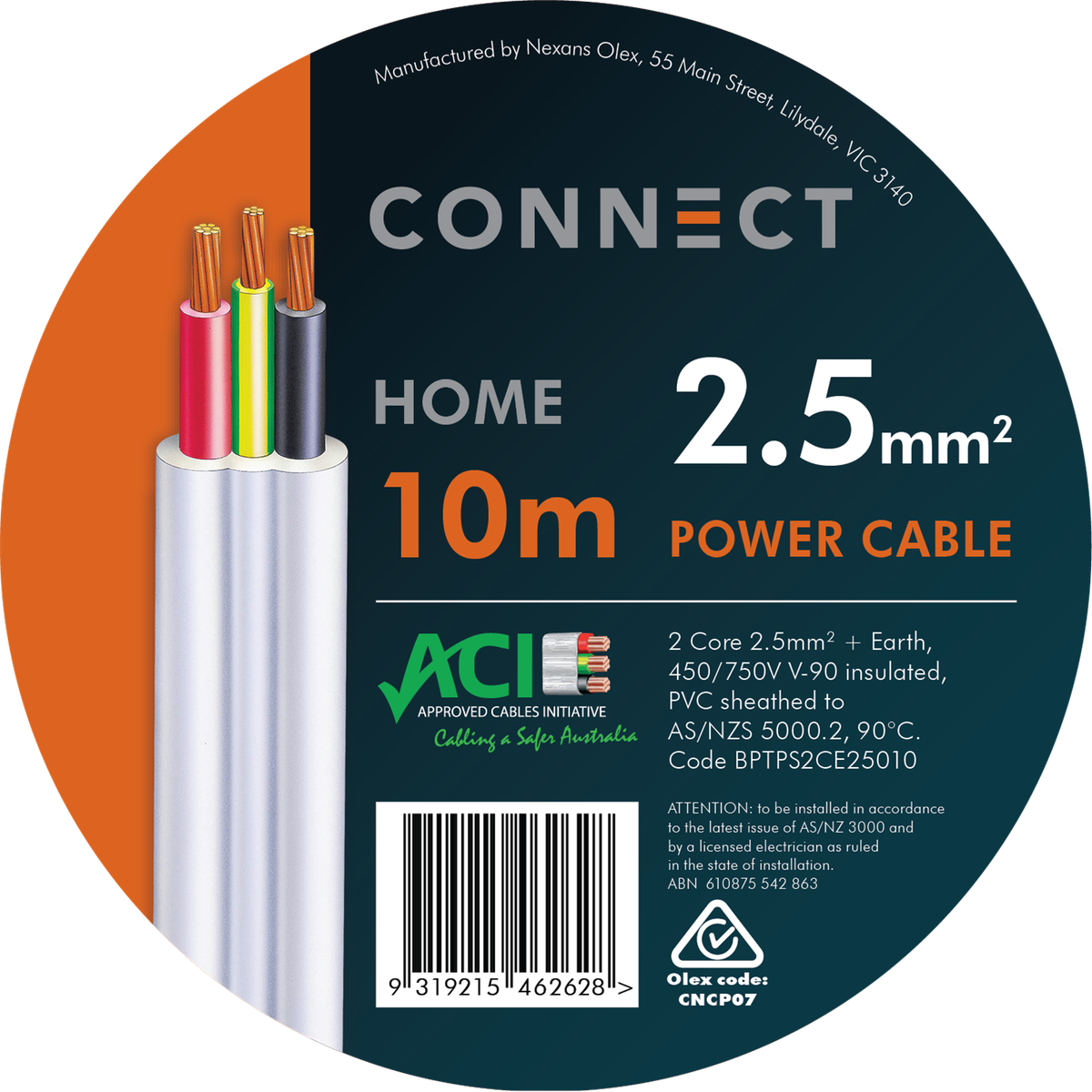 Olex 2.5mm x 10m Nexans Power Cable 2 Core & Earth White Sheath
