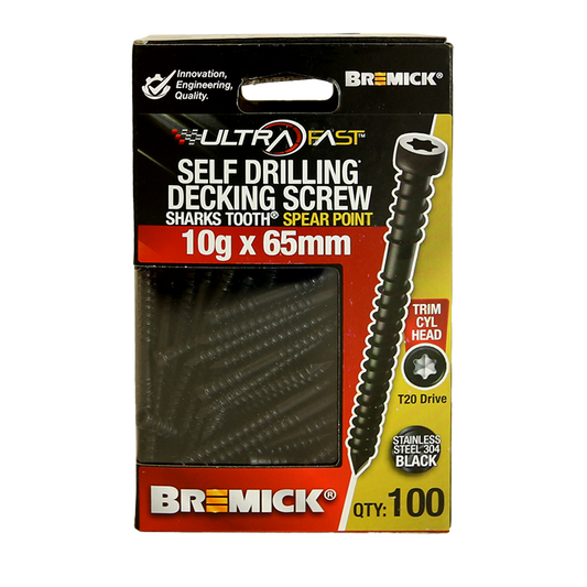 Bremick Ultrafast Trim Head Screws - 10g x 65mm - Black - 100 Pack