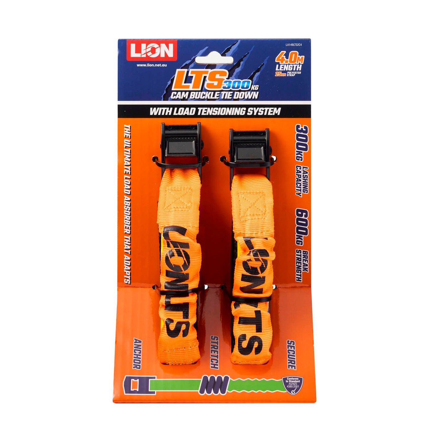 Lion Lts Tie-Down Strap - 25mm x 4000mm - 300kg - 2 Pack