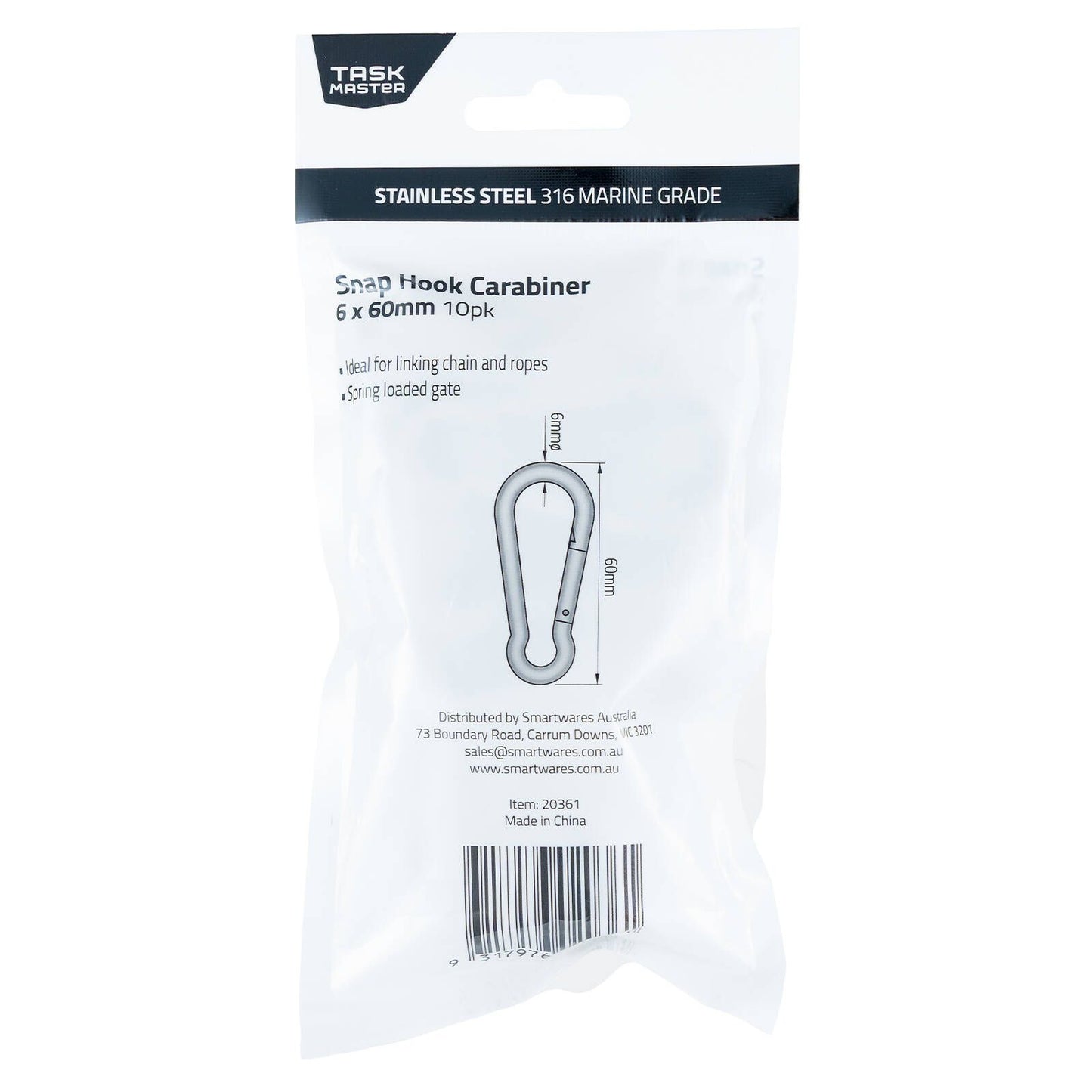 Taskmaster Stainless Steel Snap Hook - 6 x 60mm - 10 Pack
