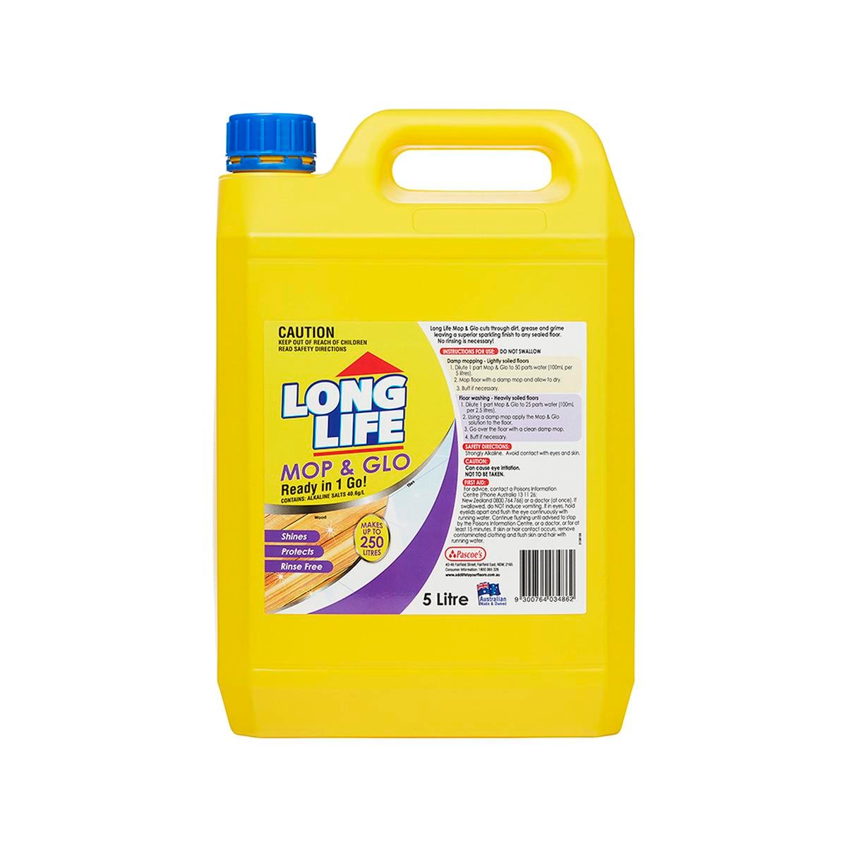 Long Life Mop & Glo Floor Cleaner - 5L HDPE - No Rinse - Superior Shine