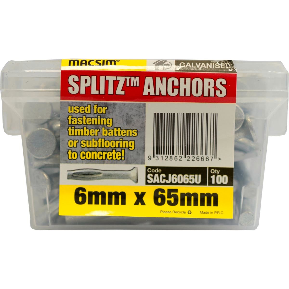 Macsim Splitz Anchor 65mm Galvanised Steel 100 Pack Flush Finish