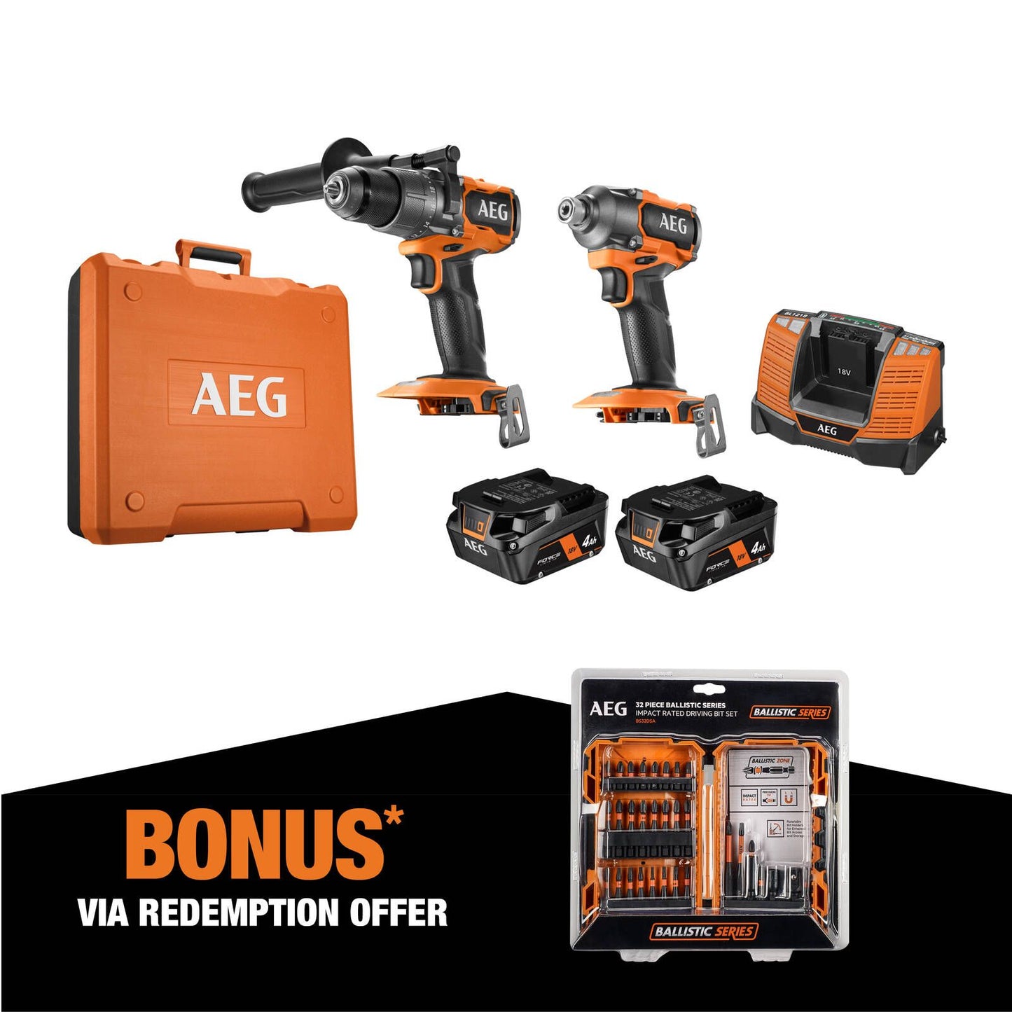 AEG Brushless Force Combo Kit - 18V - 2 Piece - 4.0Ah