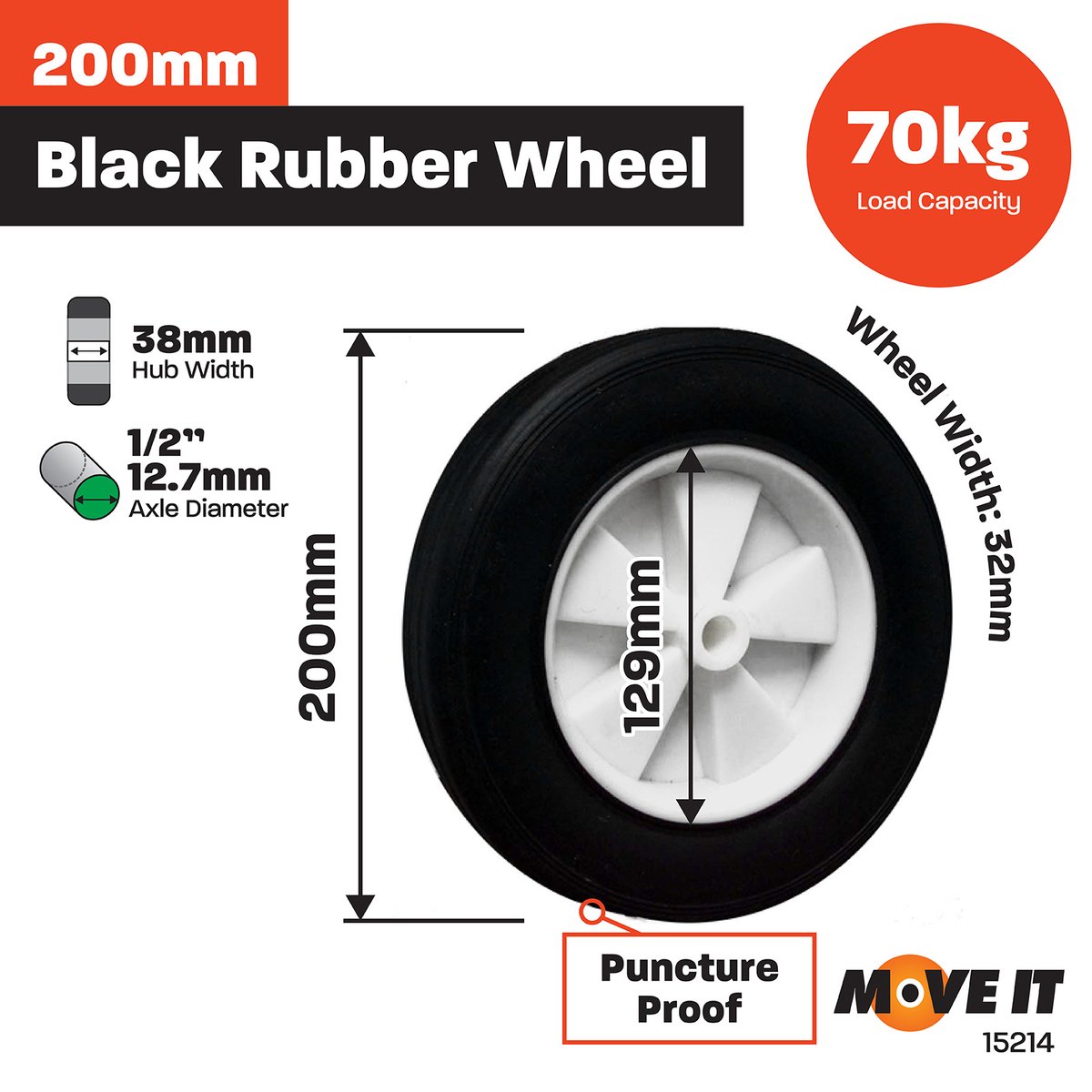 Move It Utility Cart Wheel - 200mm - Rubber & Plastic - 30kg Load Capacity