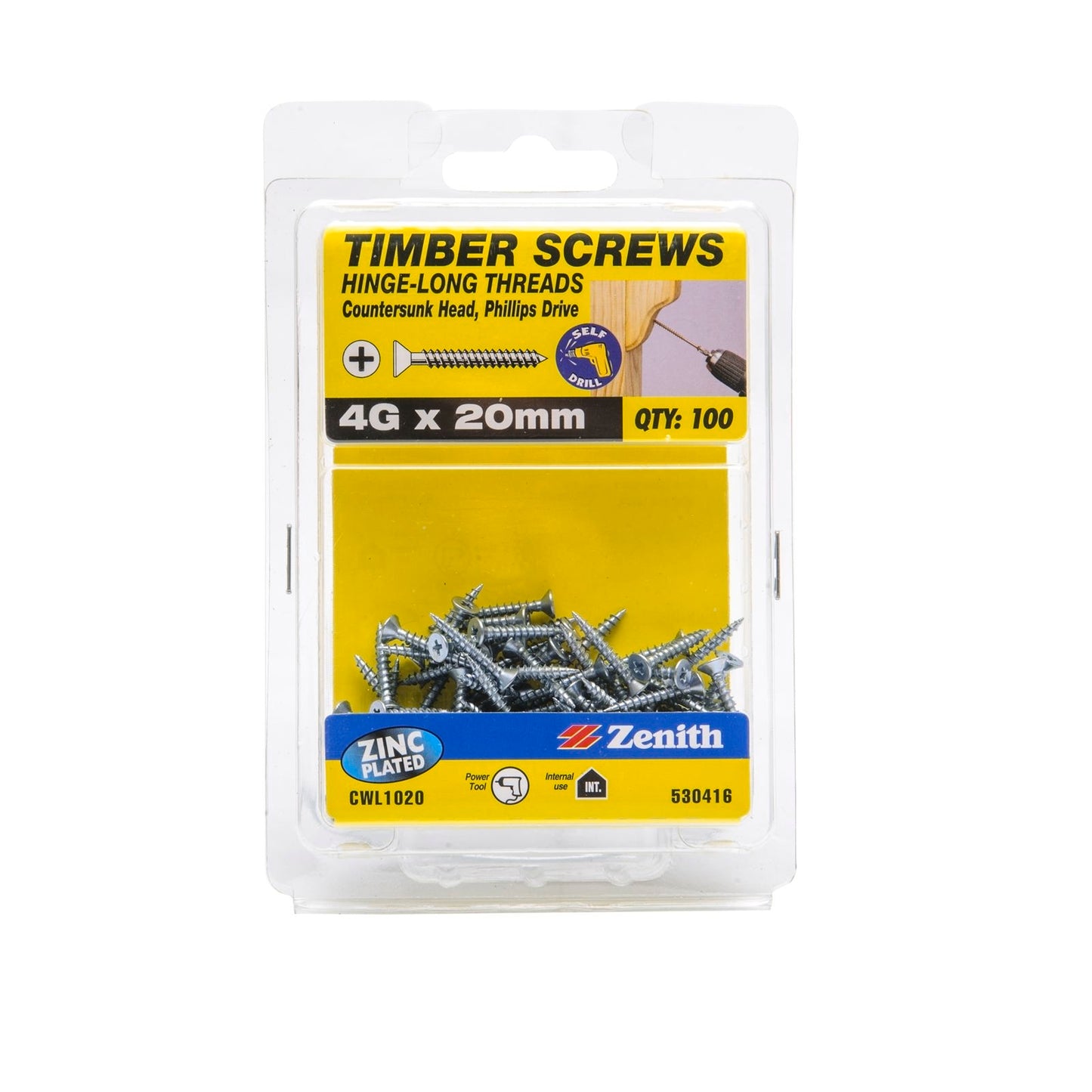 Zenith Hinge Long Thread Screws - 4g x 20mm - Zinc - 100 Pack