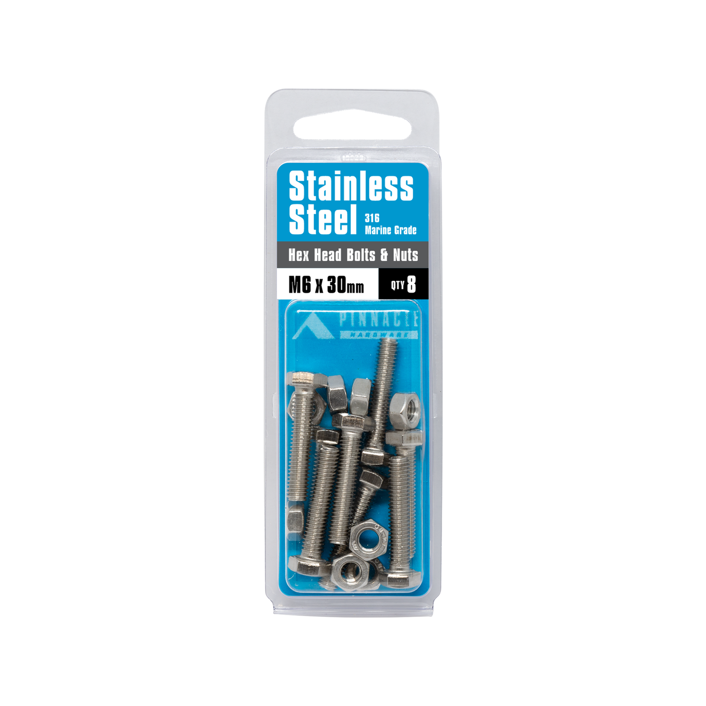 Pinnacle Hex Head Bolts - M6 x 30mm - Stainless Steel - 8 Pack