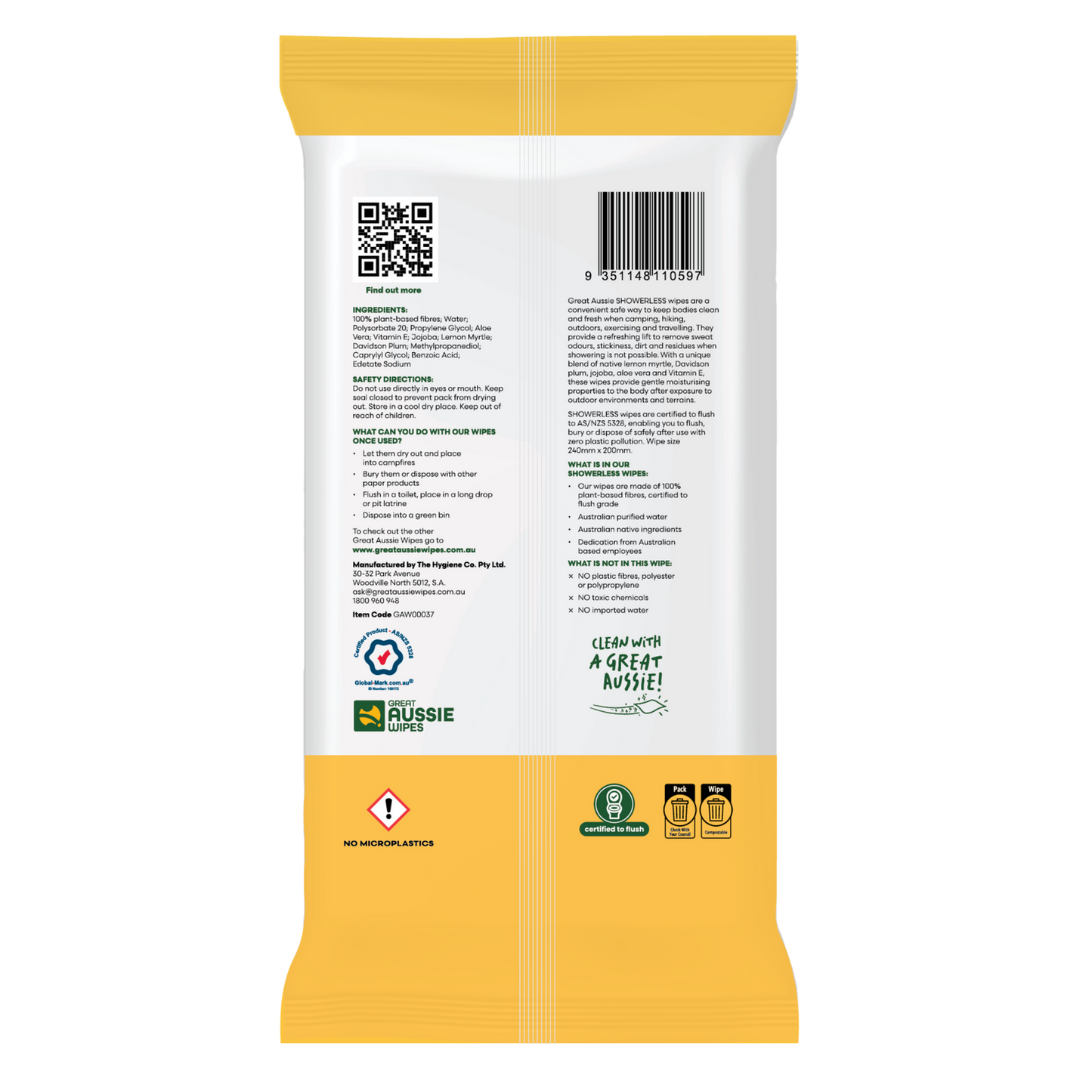 Great Aussie Wipes Showerless Body Wipes - 126 x 240mm - 20 Pack