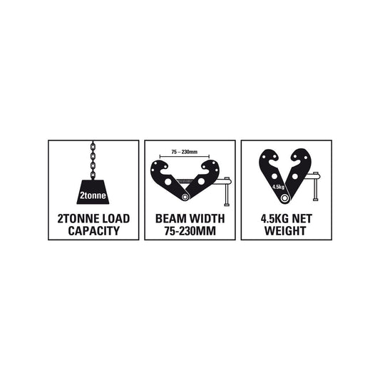 Gorilla 2T Girder Clamp - Steel - 90mm - Connection Point for Hoists