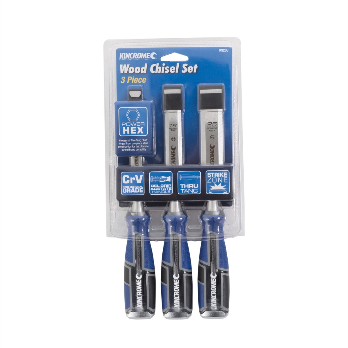 Kincrome Wood Chisel Set - 13mm 19mm 25mm - Chrome Vanadium Steel - Gel Grip