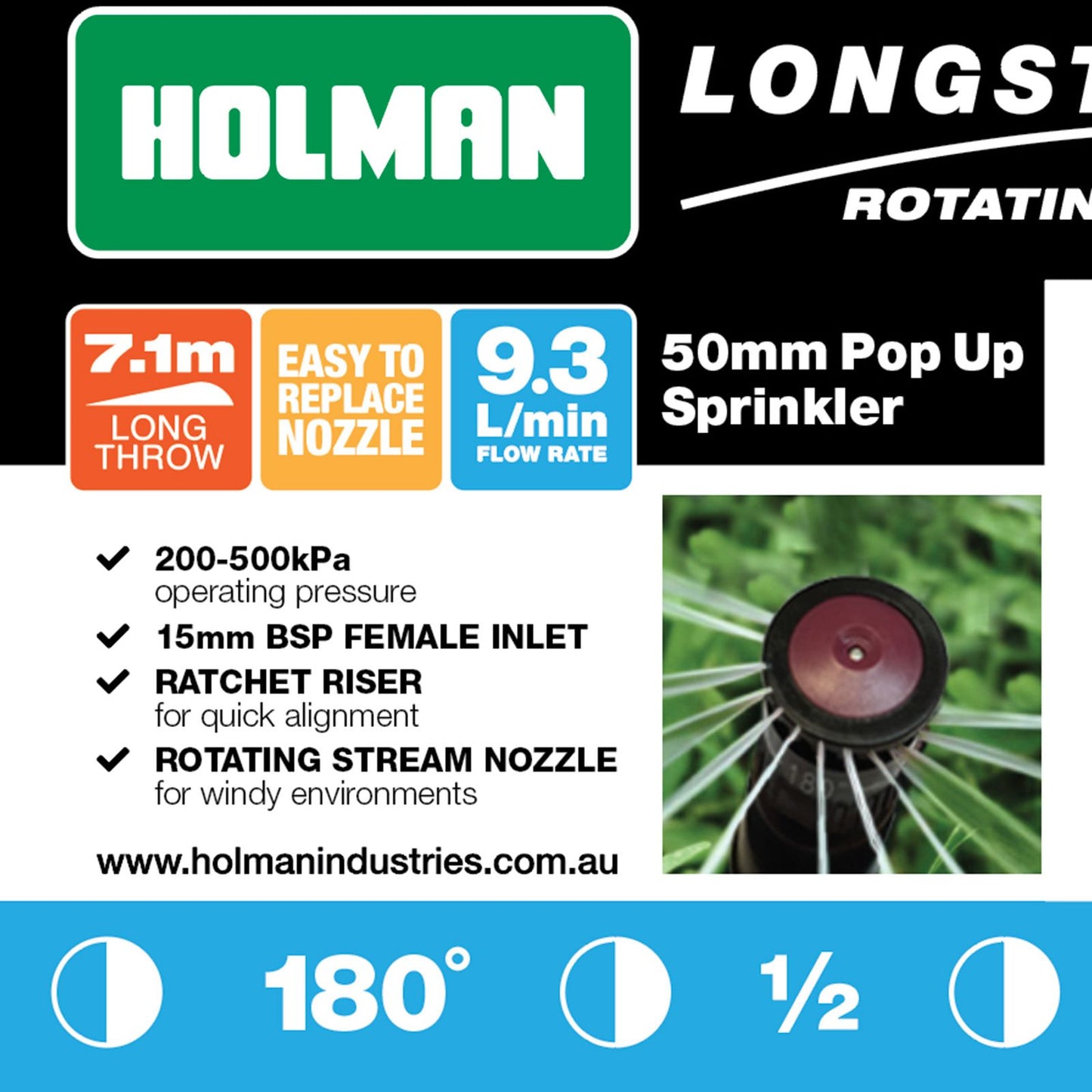 Holman Longstream Rotating Pop Up Sprinkler - 50mm - 1/2 Circle