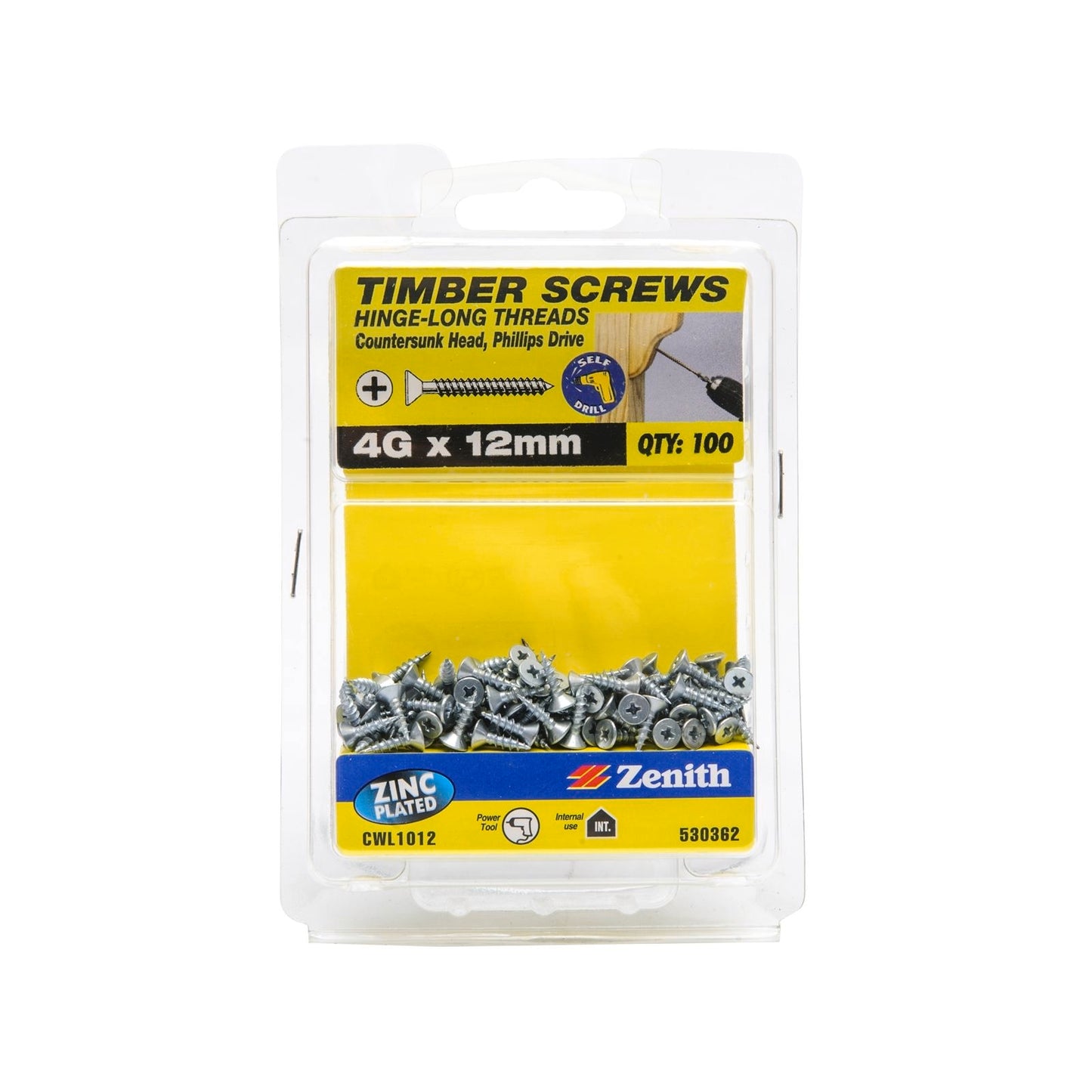 Zenith Hinge Long Thread Screw - 4g x 12mm - Zinc - 100 Pack
