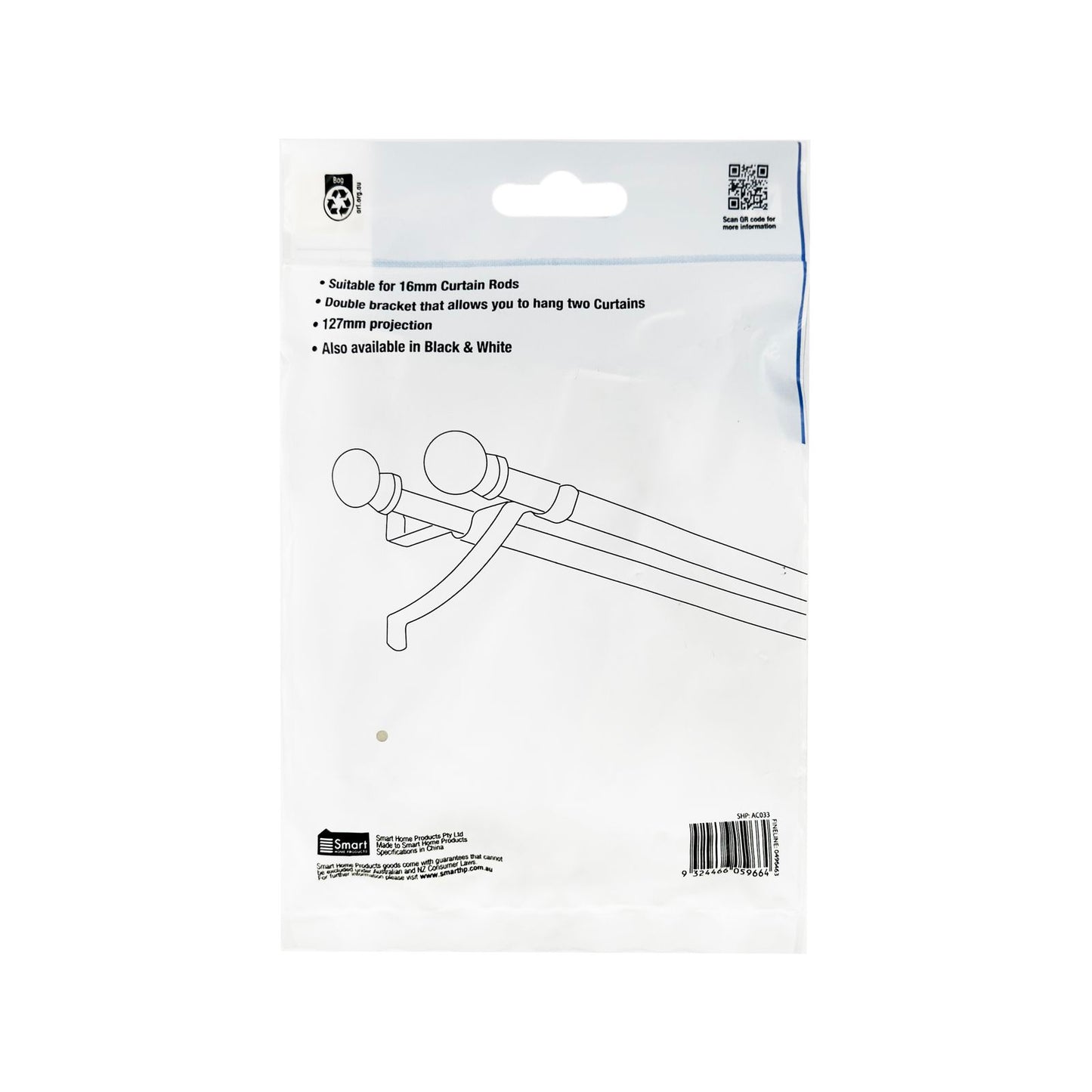 Windoware Satin Double Stayed Curtain Rod Bracket - 127mm - 2 Pack
