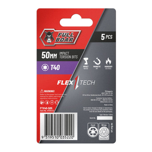 Full Boar Magnetic Impact Torsion Bits Set T40 x 50mm 5 Pack
