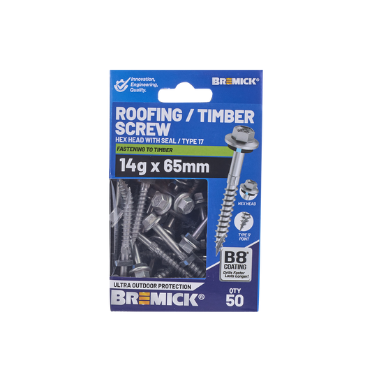 Bremick Hex Roofing Screw - 14g x 65mm - 50 Pack