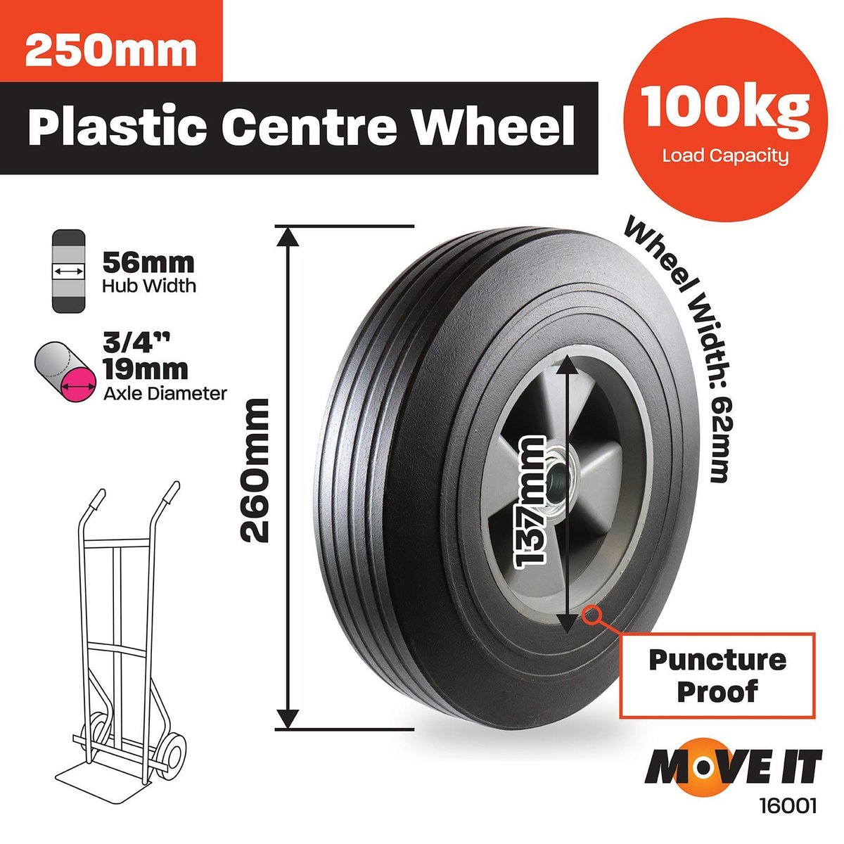 Move It 250mm Grey Plastic Centre Wheel - Solid Rubber - 100kg Capacity