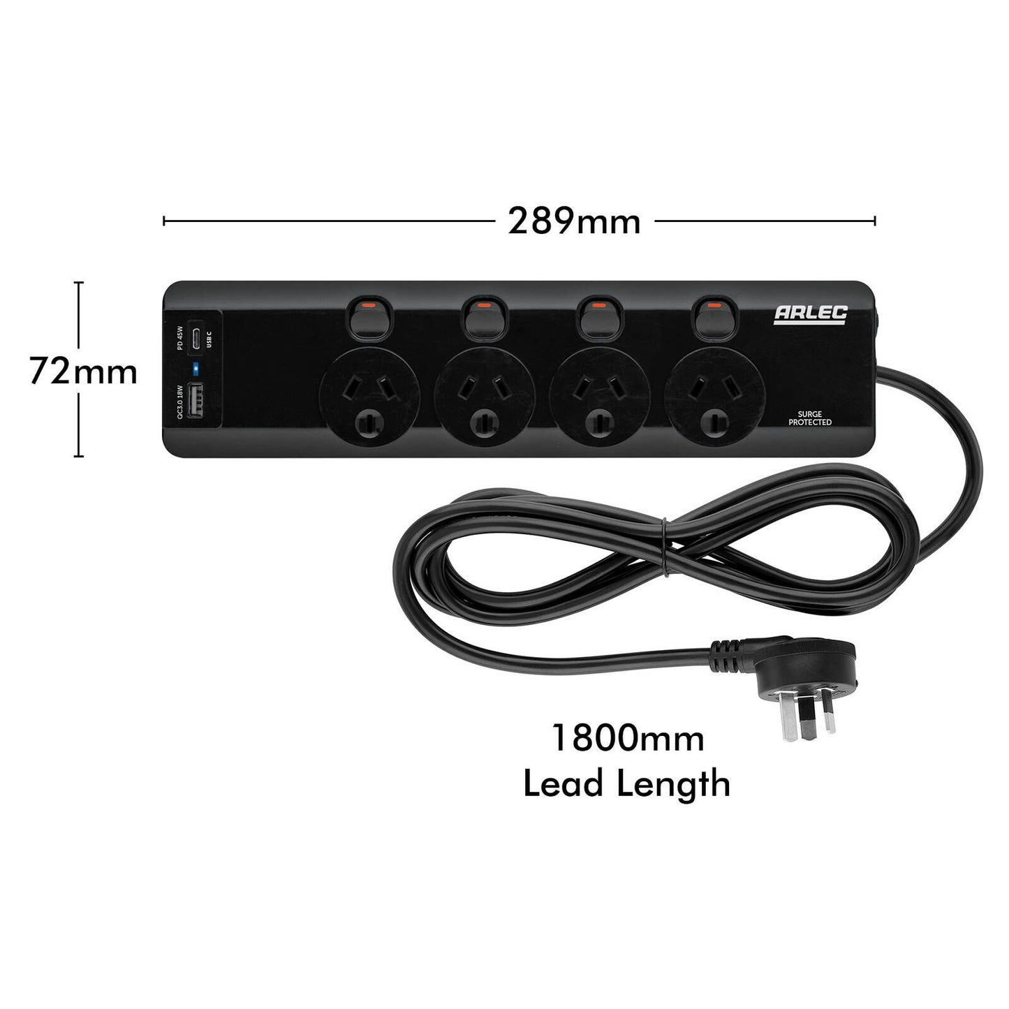 Arlec Surge Powerboard - 4 Outlet - 1.8m
