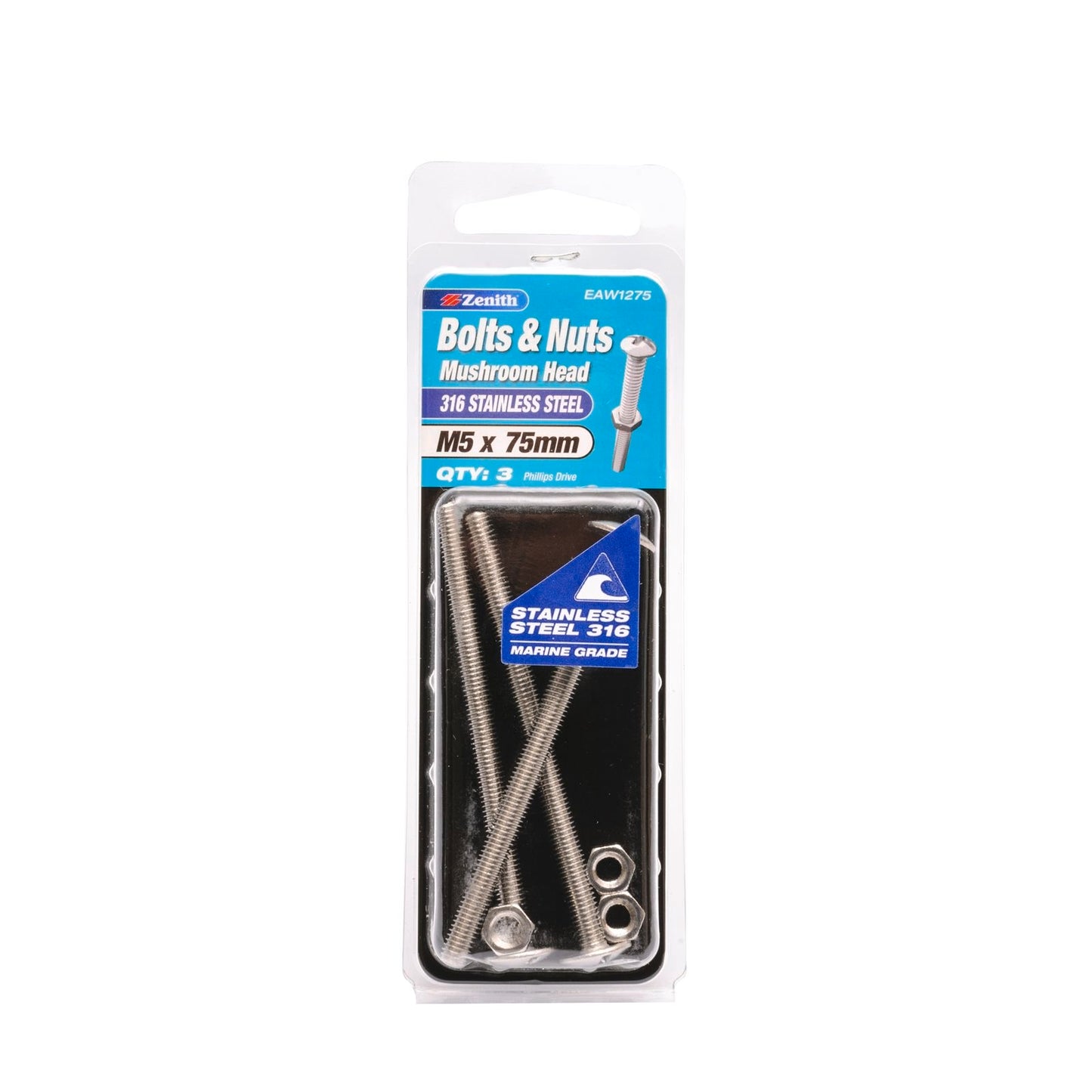Zenith M5 x 75mm - Stainless Steel Mushroom Head Bolt & Nut - 3 Pack
