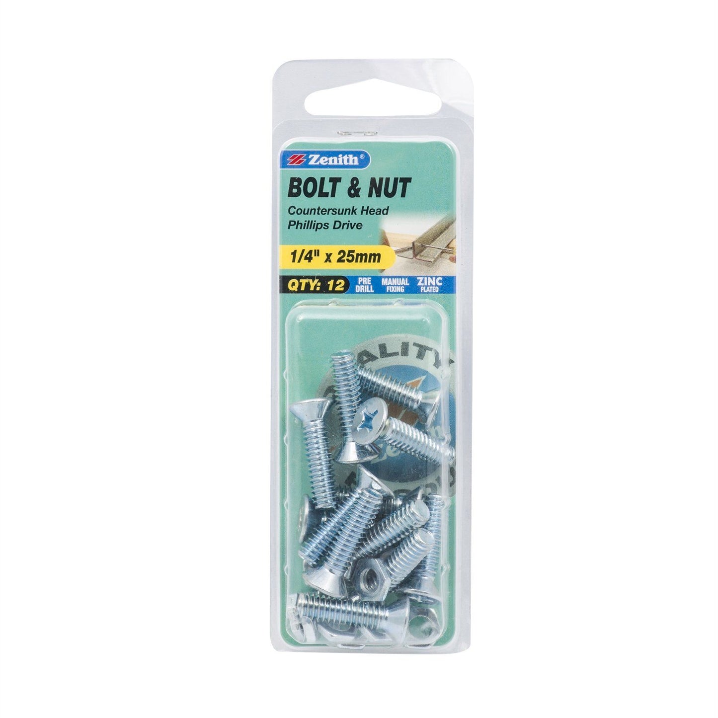 Zenith Countersunk Head Bolt & Nut - 1/4 x 25mm - 12 Pack