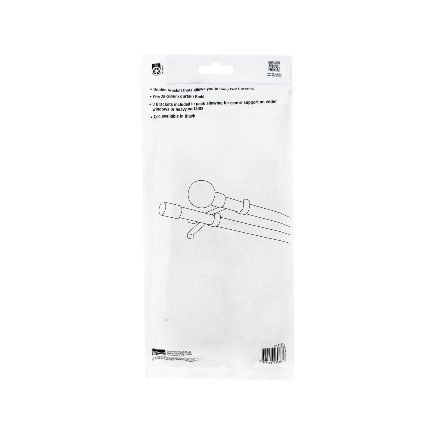 Windoware Double Curtain Rod Bracket - 25mm - Satin - 3 Pack