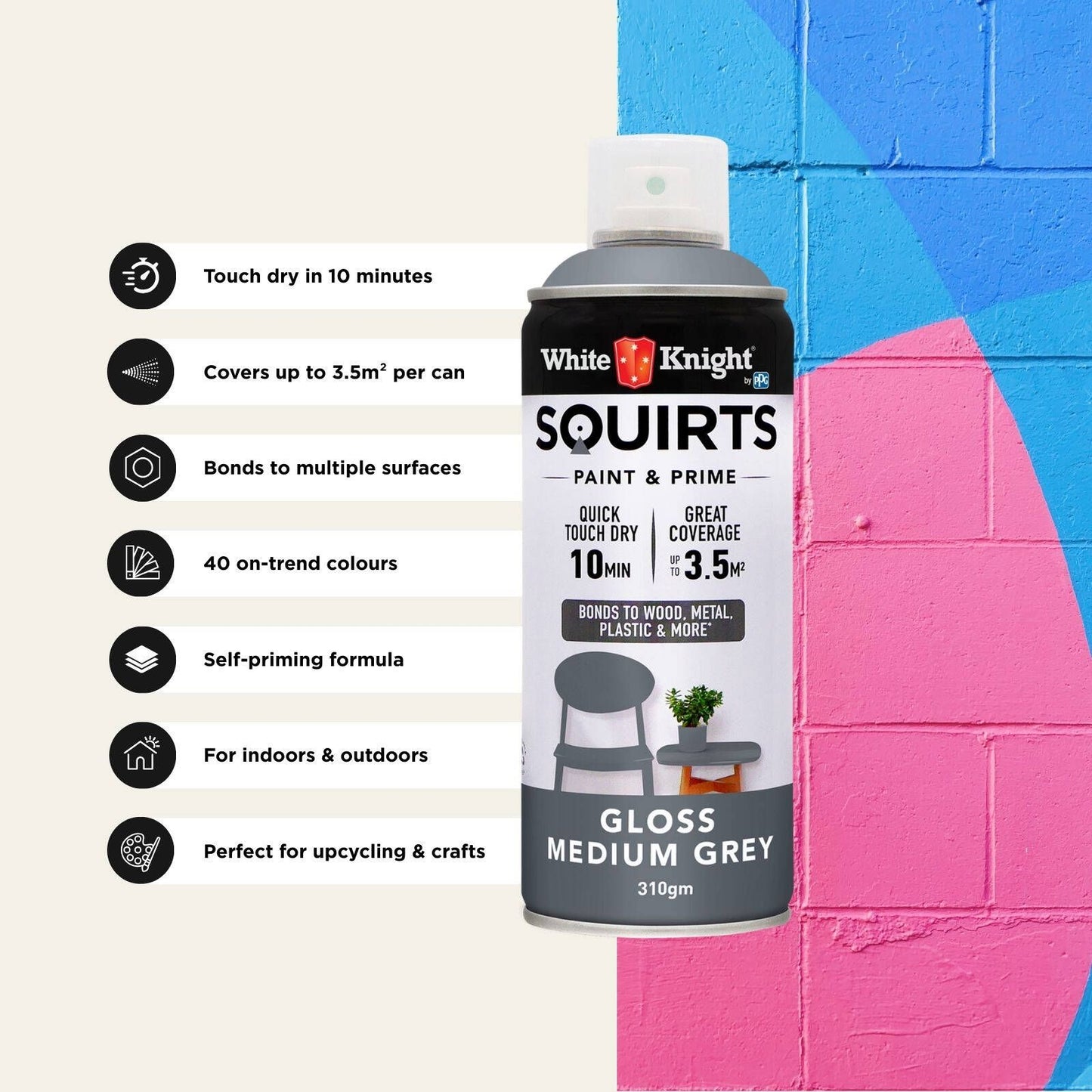 White Knight Squirts Medium Grey Gloss Spray Paint - 310g