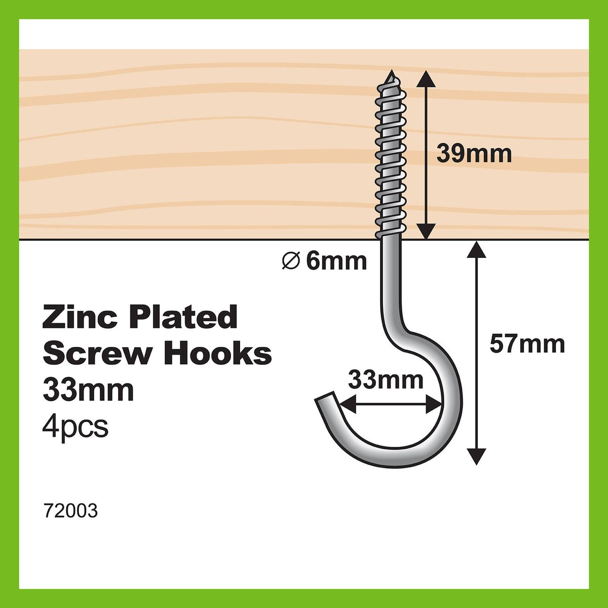 Everhang Screw Hook - 5.0 x 32 x 95 x 38mm - Zinc Plated - Light Duty - 4 Pack