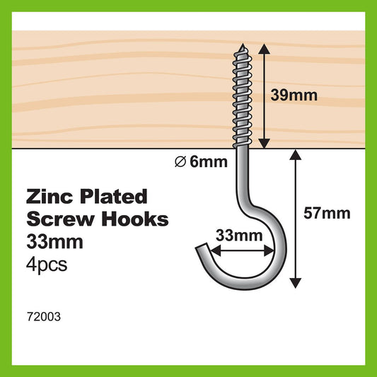 Everhang Screw Hook - 5.0 x 32 x 95 x 38mm - Zinc Plated - Light Duty - 4 Pack