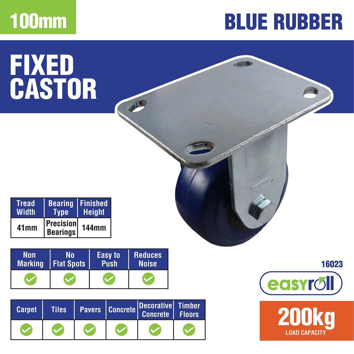 Easyroll Fixed Plate Castor - 100mm - Blue Rubber - Non Marking