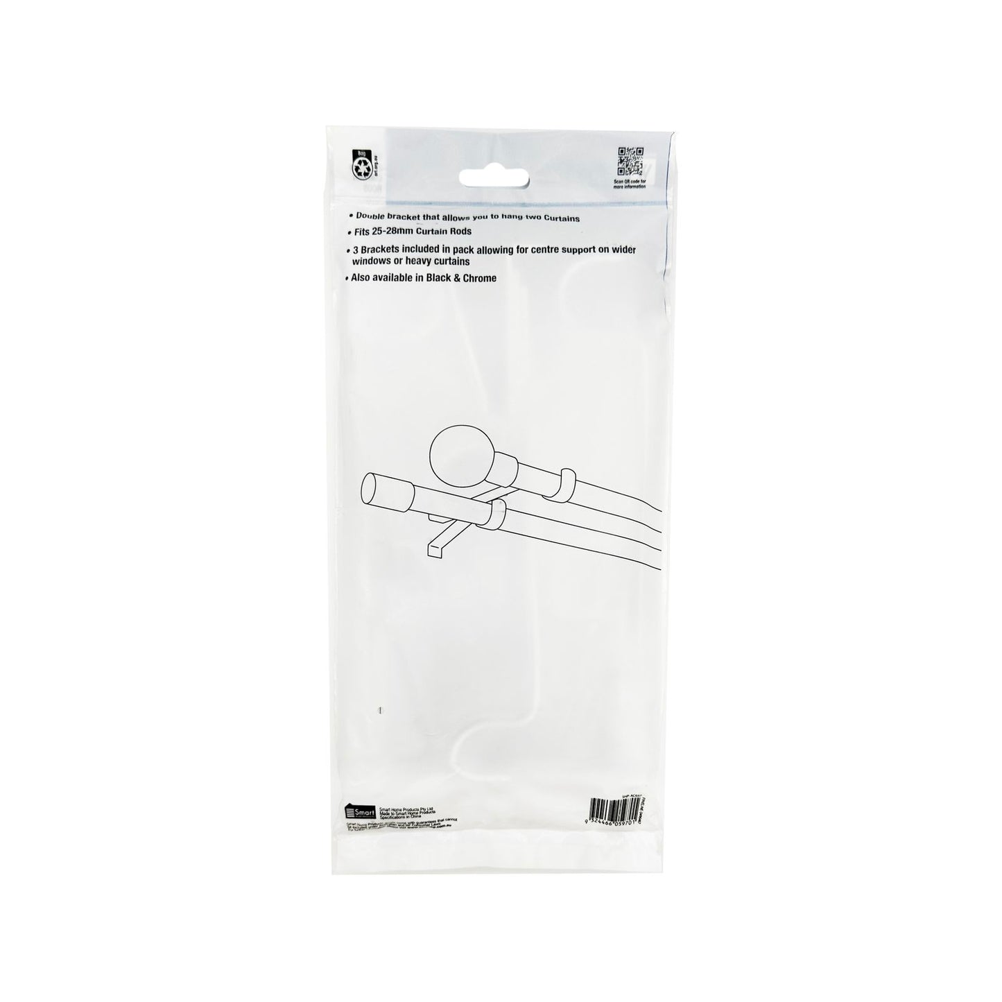 Windoware White Double Curtain Rod Bracket - 25-28mm - 3 Pack