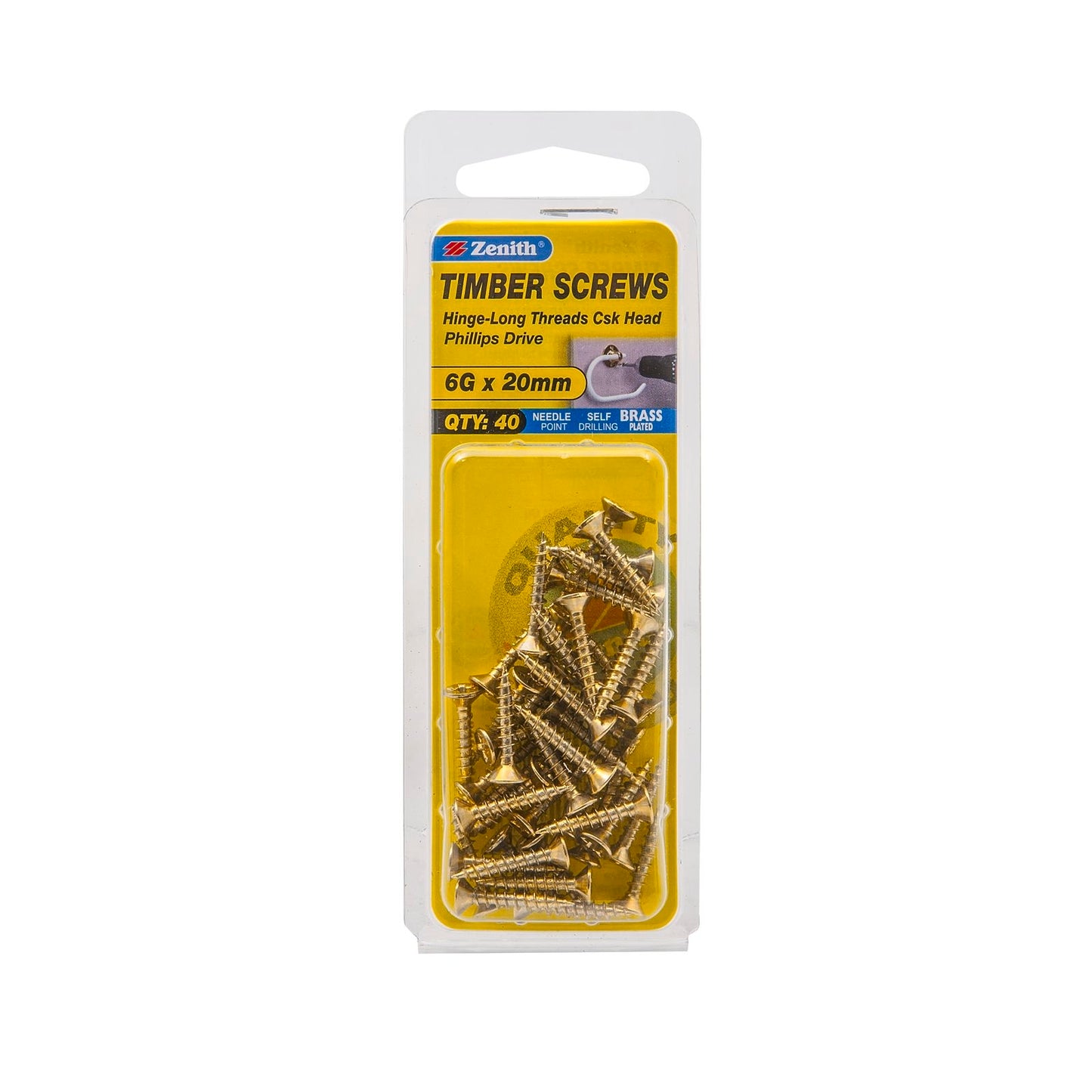 Zenith Brass Plated Hinge Long Thread Screws - 6g x 20mm - 40 Pack