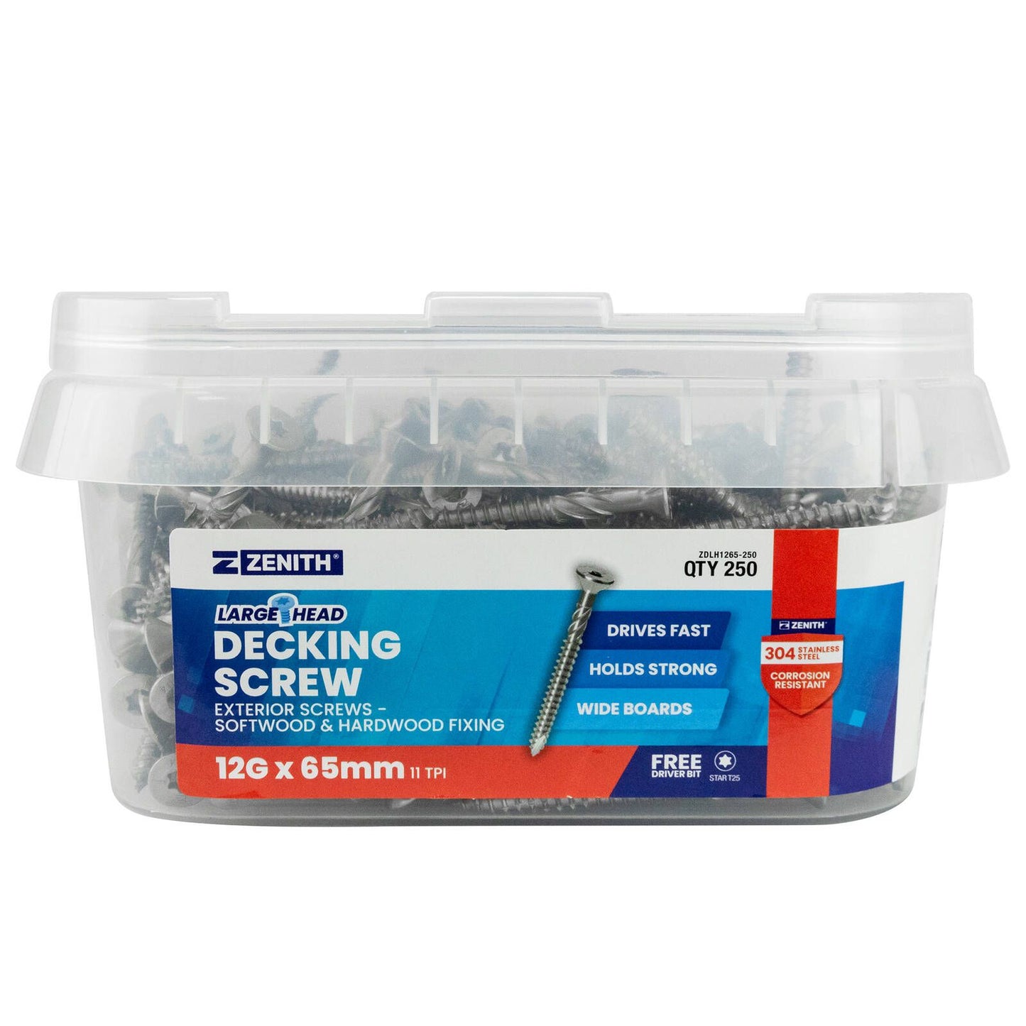 Zenith Large Head Decking Screw - T25 - 12g x 65mm - 250 Pack