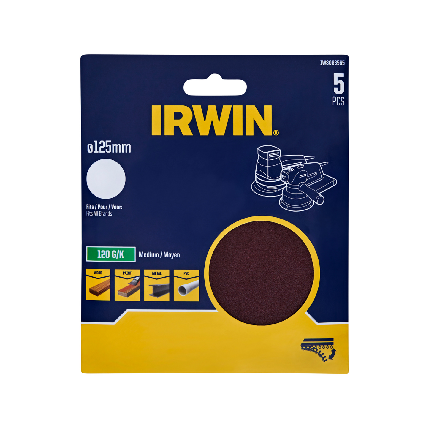 Irwin Quick Fit Random Orbital Sanding Discs - 125mm - 120 Grit - 5 Pack