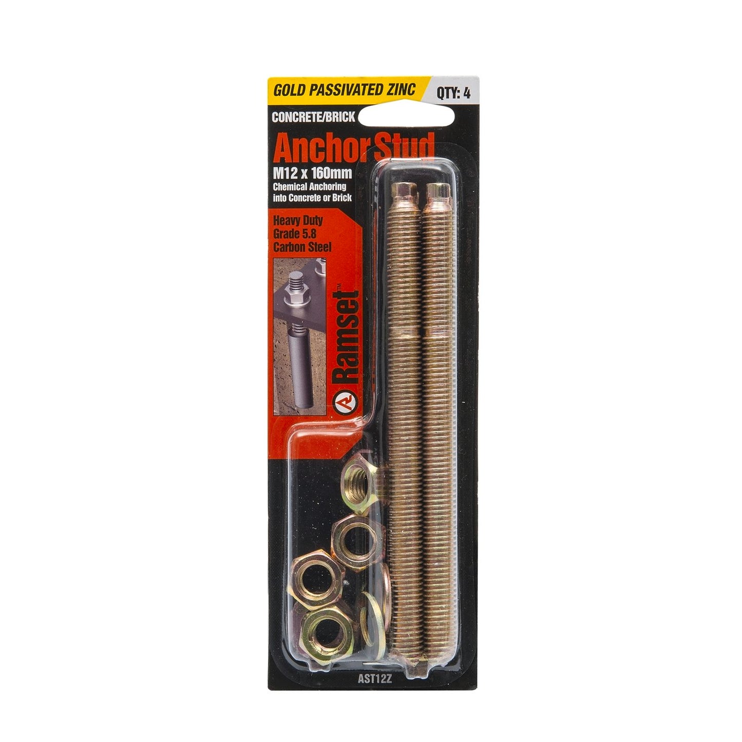 Ramset Zinc Plated Anchor Stud - 12 x 160mm - 4 Pack